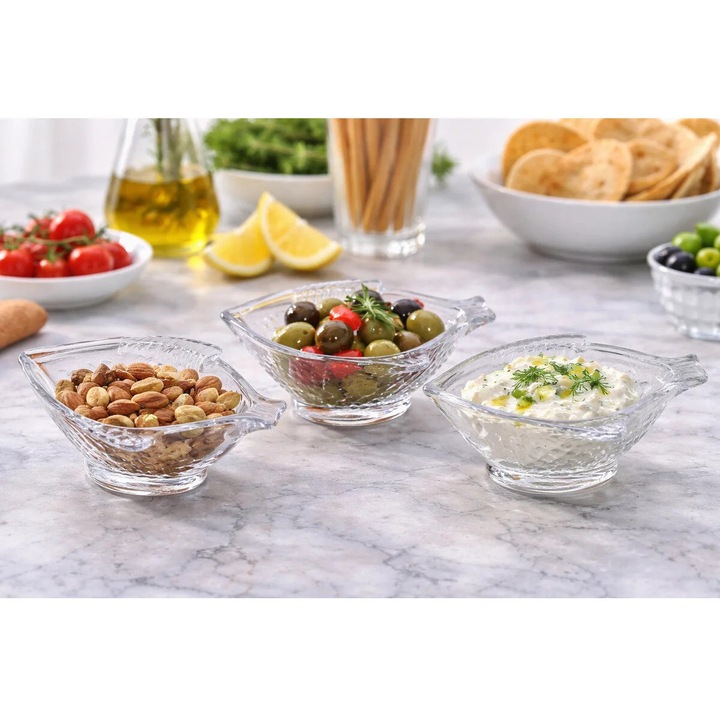 Set Servire Kaveh Fish, 6 Piese, Boluri Sticla Forma de Peste, Multicolor