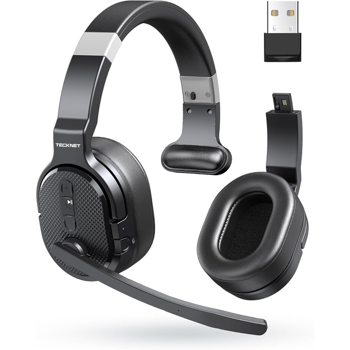 Casti Bluetooth Over-Ear TECKNET cu microfon, anulare zgomot ENC, USB, Bluetooth 5.0, 3 moduri EQ, autonomie 50h, conectare duala, compatibile PC, Laptop, telefon, negre
