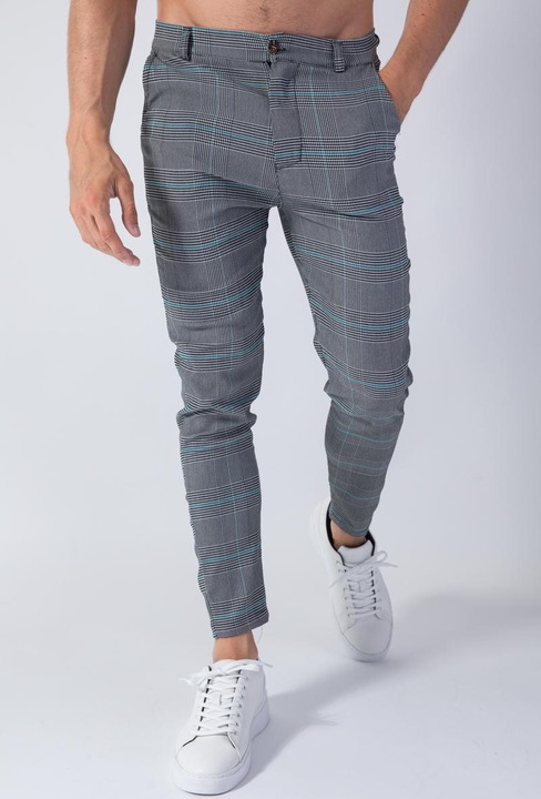 Férfi alkalmi nadrág, kockás, viszkóz, Szürke/Türkiz