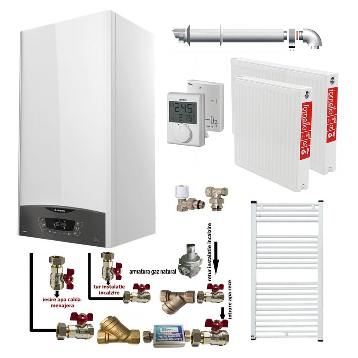 Pachet apartament cu o camera, centrala termica murala in condensare Ariston CLAS ONE+ WI-FI 24, Gaz, 24 kW, termostat, kit de evacuare inclus, calorifere otel, kit armaturi