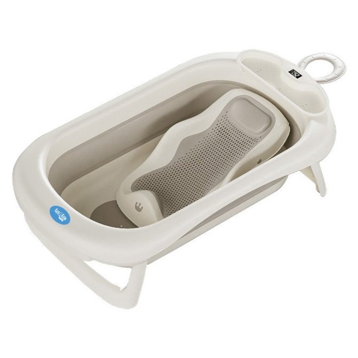 Set cadita pliabila pentru copii Little Mom Grey, echipata cu termometru display digital, design modern, margini rotunjite, capacitate 55L si suport anatomic inclus