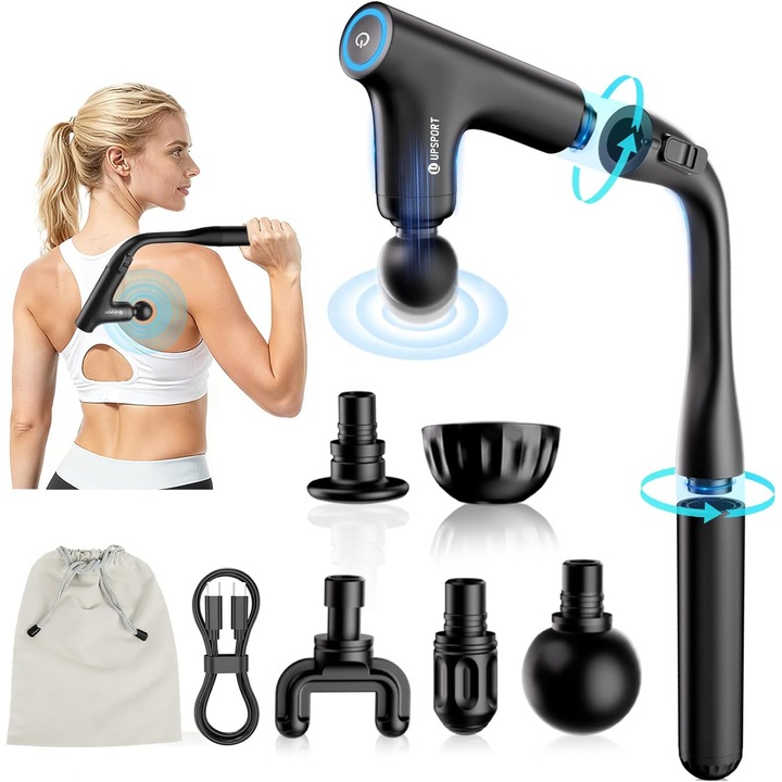 Масажен пистолет YIXISI, 4 нива на скорост, турбо режим, безчетков безшумен мотор, разтегателна дръжка, включва 4 специални масажни глави, за гръб, рамене и тяло, дълбока релаксация и възстановяване на мускулите