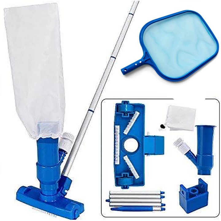 Set de curatare pentru piscina, cap de aspirare extensibil, 3 capete de perie, sac de colectare, cu plasa de recuperare, din plastic, albastru