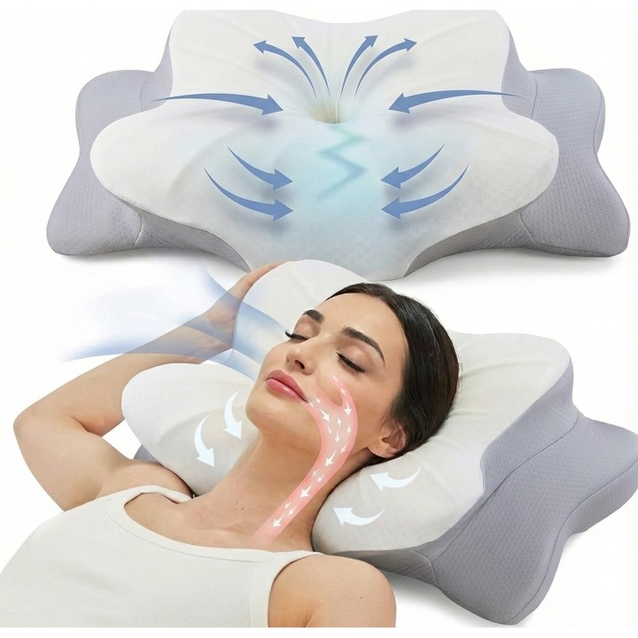 Perna ortopedica pentru dormit NextWave®, Spuma cu Memorie pentru suport Cervical, Ergonomica pentru Gat si Suport Cervical, Ideala pentru dormitul lateral, spate sau stomac, Husa detasabila lavabila Hipoalergenica