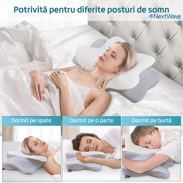 Perna ortopedica pentru dormit NextWave®, Spuma cu Memorie pentru suport Cervical, Ergonomica pentru Gat si Suport Cervical, Ideala pentru dormitul lateral, spate sau stomac, Husa detasabila lavabila Hipoalergenica