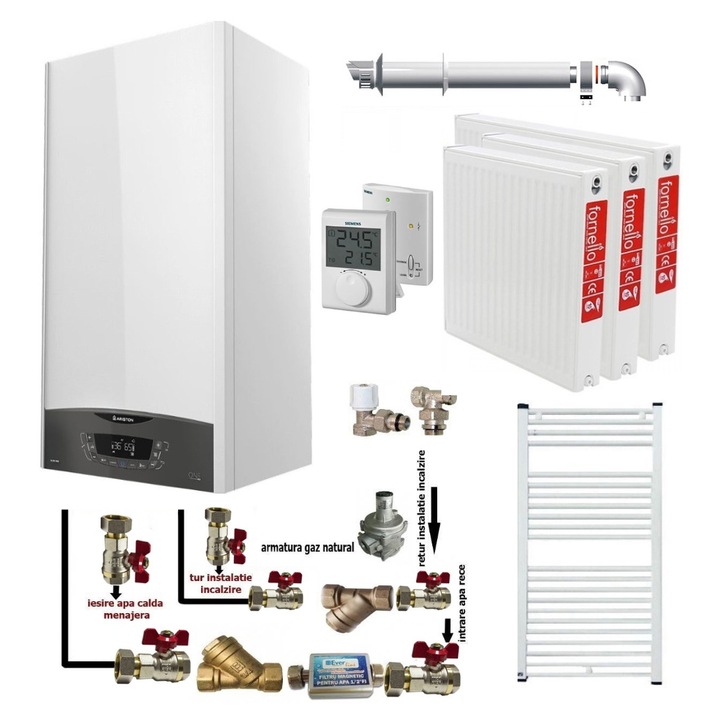 Pachet apartament cu 2 camere, centrala termica murala in condensare Ariston CLAS ONE+ WI-FI 24, Gaz, 24 kW, Termostat, kit de evacuare inclus, calorifere otel, kit armaturi