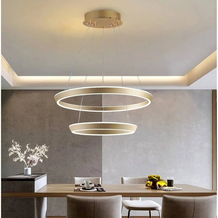 Lustra LED Tip Pendul RFAN, Model F23009/2, Cu Telecomanda, 3 Tipuri De Lumina, Inaltime Reglabila, 146W, Auriu