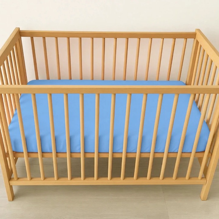 Cearceaf Elastic Impermeabil Albastru dublat 2in1, 120x60, bumbac organic cu interior captusit impermeabil