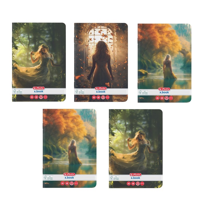 Set 5 caiete Herlitz A5, 48 file, hartie 70 g/mp, dictando, motiv Fairy Tale