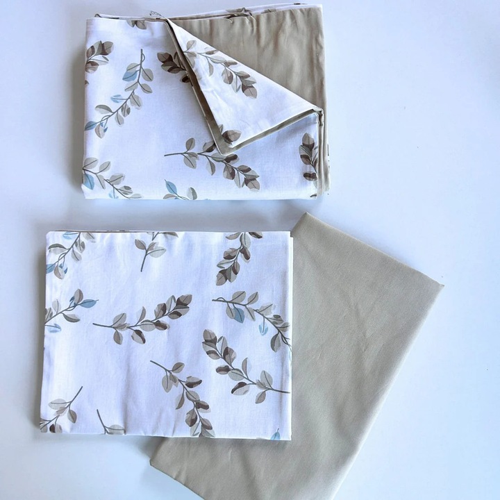 Set lenjerie bumbac organic, patut 120x60, 3 piese alb cu frunze maro TWINDECO