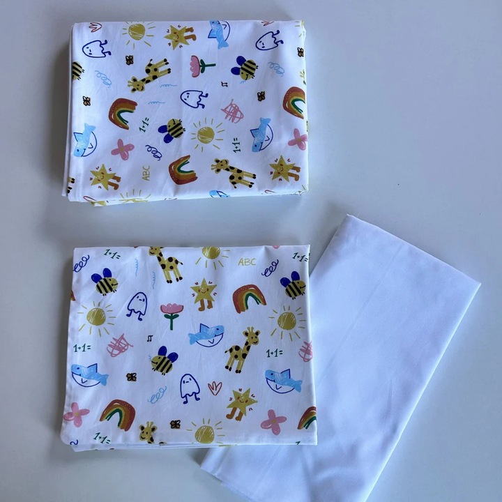 Set lenjerie bumbac organic, patut 120x60, 3 piese alb cu desene creta TWINDECO