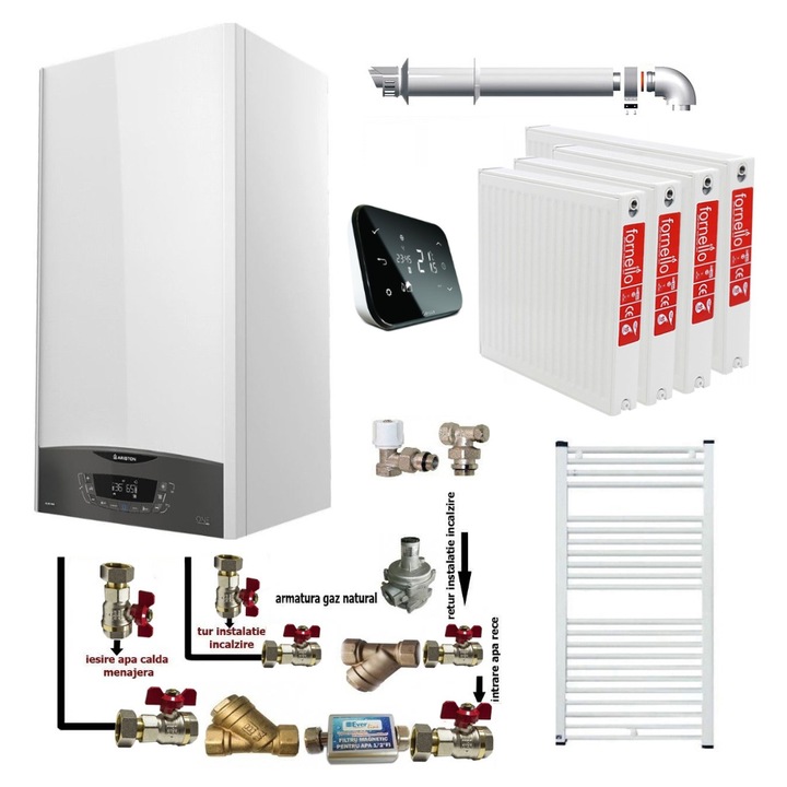 Pachet apartament cu 3 camere, centrala termica murala in condensare Ariston CLAS ONE+ WI-FI 24, Gaz, Termostat Salus IT 500, 24 kW, kit de evacuare inclus, calorifere otel, kit armaturi