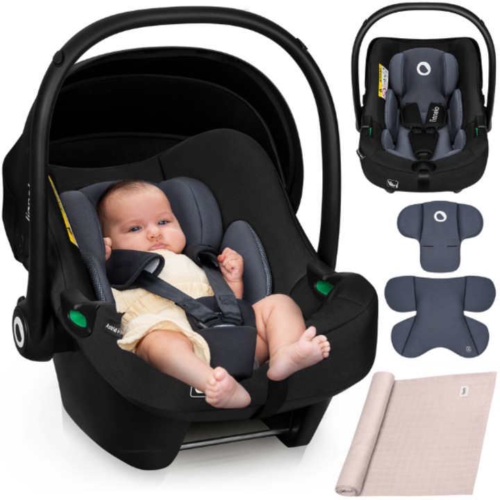 Столче за кола, Lionelo, i-Size Astrid, 0-13 кг, 40-87 см, С регулируема дръжка и сенник, С усъвършенствана странична защита, Удобна подложка, Тествано от ADAC, Съгласно европейския стандарт за безопасност R129, Черно / Сиво
