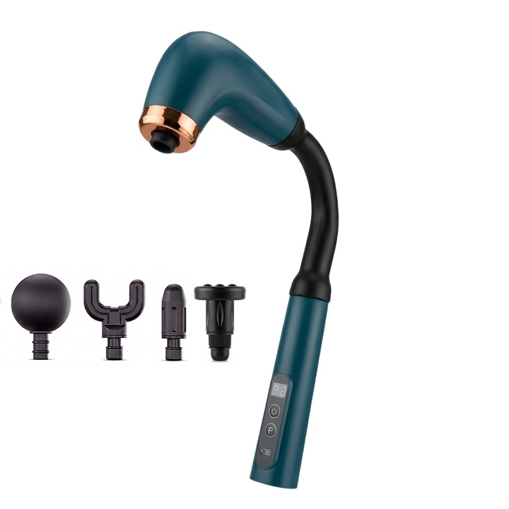 Aparat de masaj NEXTLY, 4 capete interschimbabile, 9 moduri de masaj, 9 trepte de intensitate, incarcare USB, 33x23cm, albastru inchis