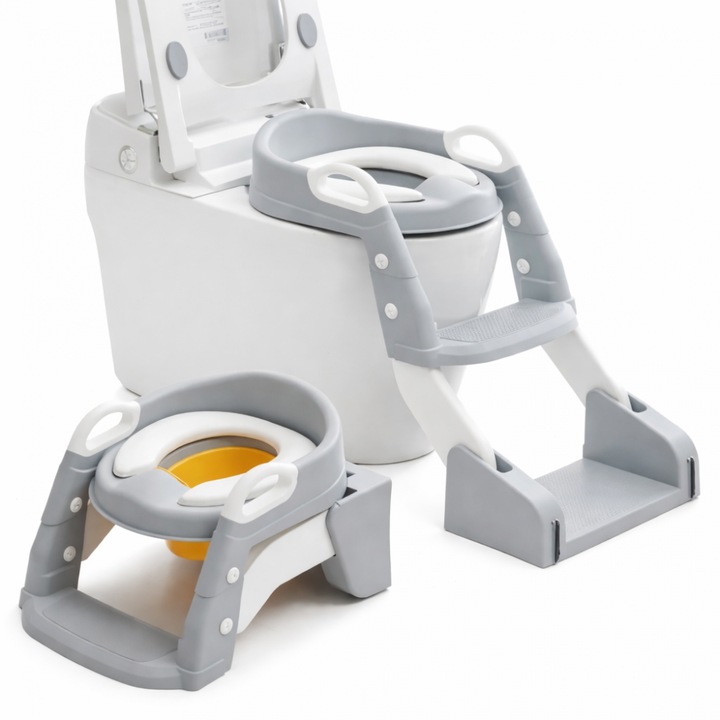 Reductor toaleta pentru copii Little Mom Grey, pliabil, ergonomic, sezut din PVC, manere de sustinere, vas colector detasabil, protectie anti-stropire, suprafata antiderapanta, 55 x 35 x 58 cm