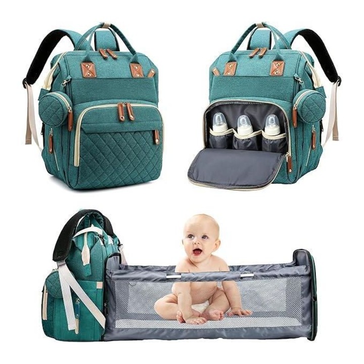 Geanta multifunctionala tip rucsac Mommy Bag, pentru mamici si bebelusi, material rezistent la apa, pat cu saltea de infasat, 42x30x18 cm, verde