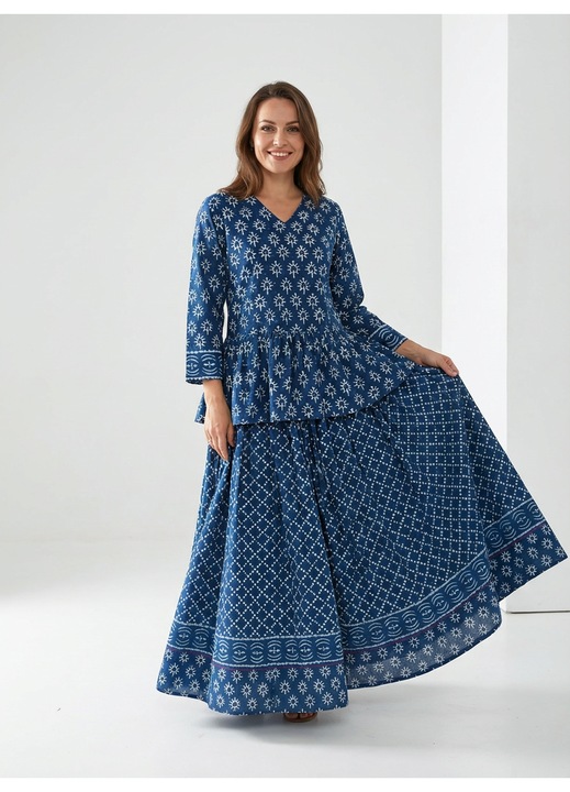 Costum dama, fusta si bluza, bumbac imprimat manual, indigo, marime M