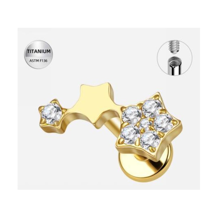 Piercing Labret Titan ASTM F136 Auriu– cu Trei Stele – 1.2 × 8 mm, Funny Party Team®