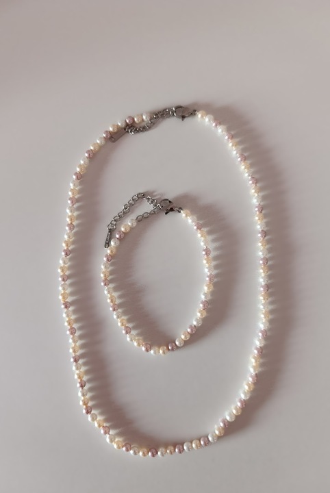 Set colier si bratara din sidef, 40x5cm colier, 17x5cm bratara, culoare alb si roz