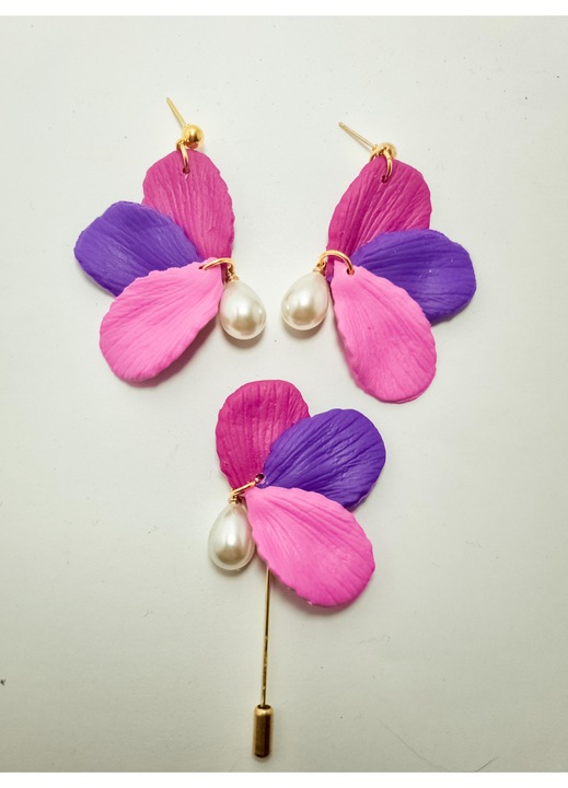 Set cercei cu brosa model tip Petale, din lut polimeric, multicolor