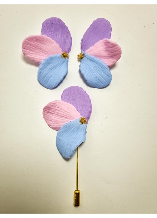 Set cercei cu brosa model tip Petale, din lut polimeric, FIMO, model multicolor