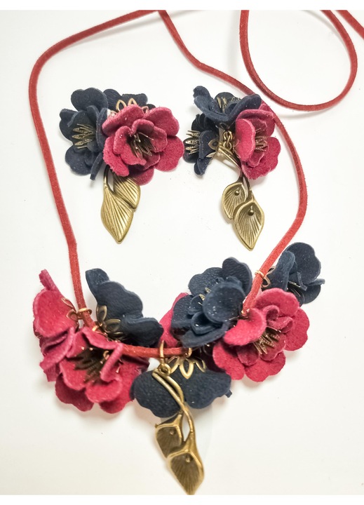 Set cercei din piele naturala cu pandant, florali, multicolor