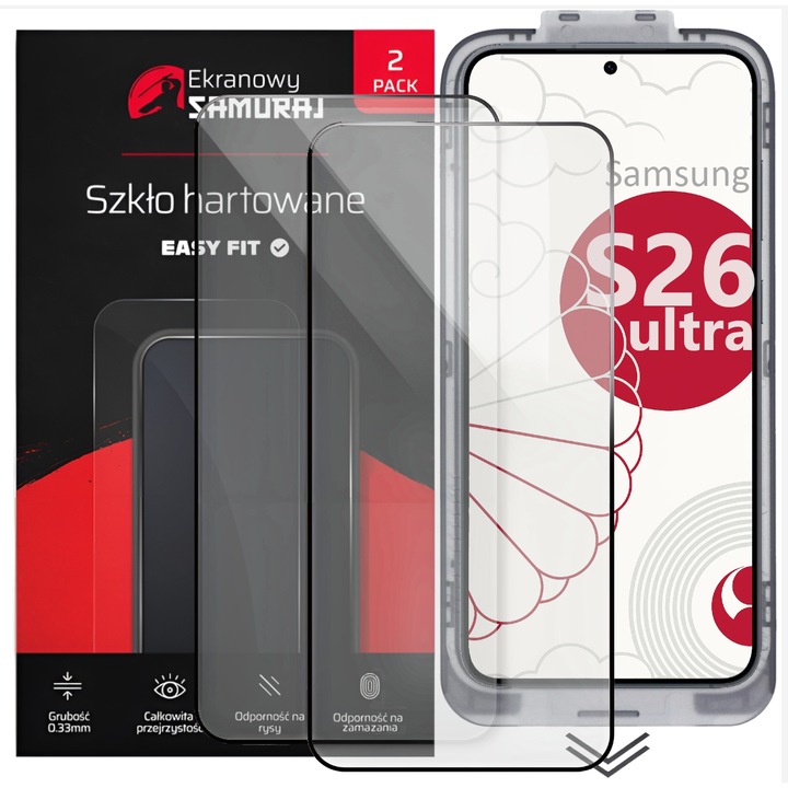 Set de 2 Folie din sticla pentru Samsung Galaxy S26 Ultra cu cadru, instalare usoara, Ultra Rezistenta, Transparenta, Ecran Samurai Easy Fit, 2-Pack