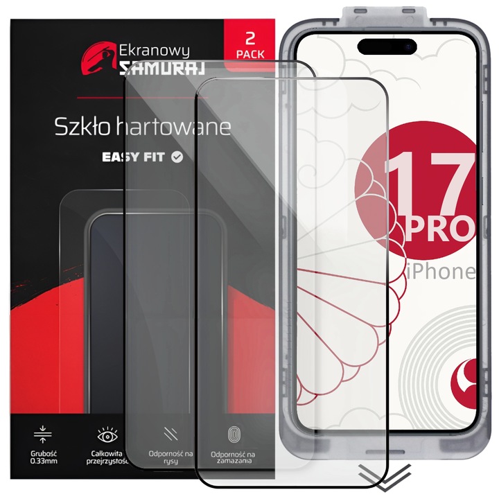 Set de 2 Folie din sticla pentru Apple iPhone 17 Pro cu cadru, instalare usoara, Ultra Rezistenta, Transparenta, Ecran Samurai Easy Fit, 2-Pack