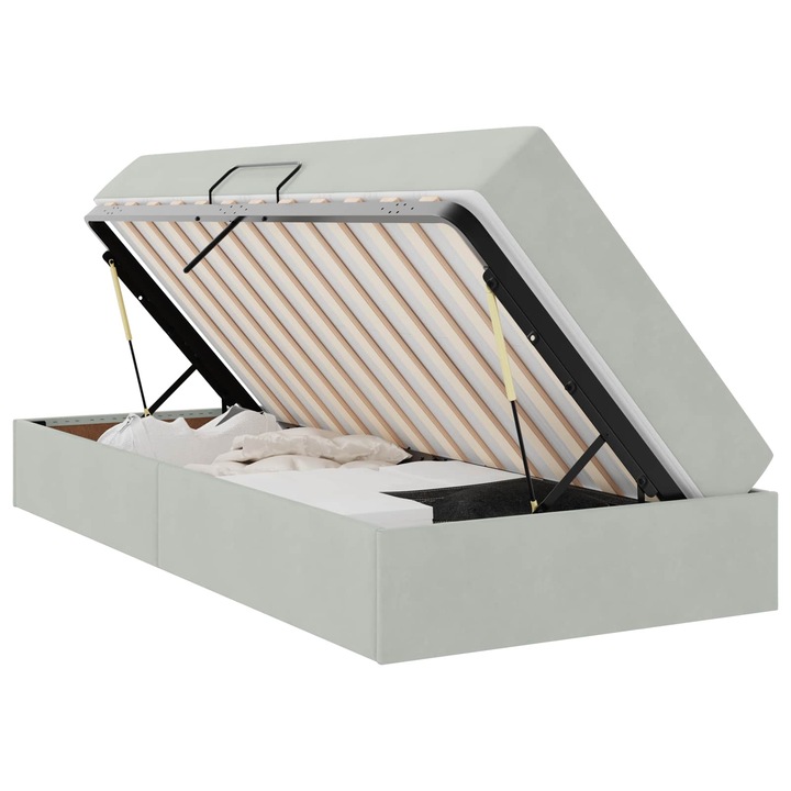 Pat cu saltea si spatiu de depozitare vidaXL, Gri deschis 90 x 190 cm