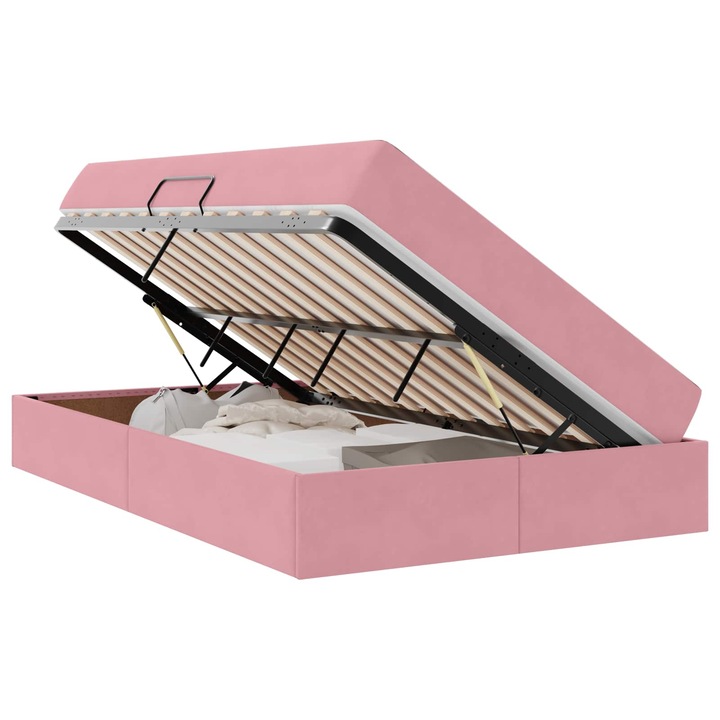 Pat cu saltea si spatiu de depozitare vidaXL, Roz 120 x 200 cm Catifea