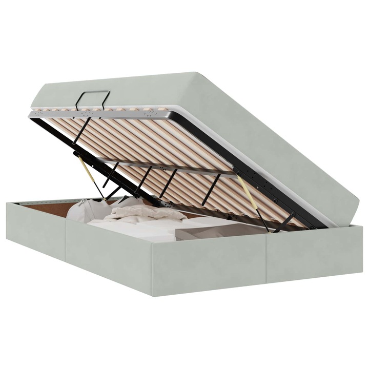 Pat cu saltea si spatiu de depozitare vidaXL, Gri deschis 120 x 200 cm