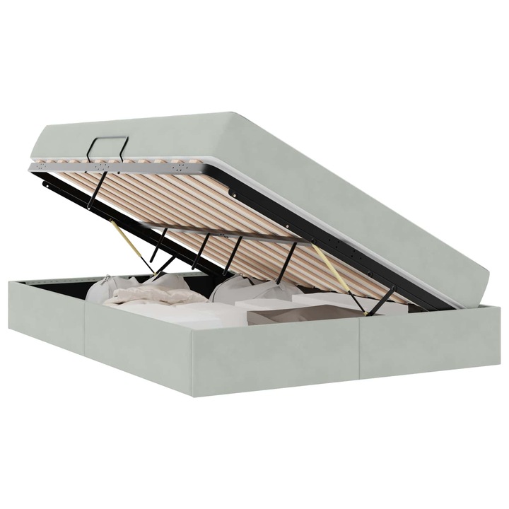 Pat cu saltea si spatiu de depozitare vidaXL, Gri deschis 140 x 190 cm