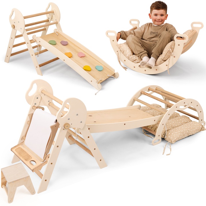 Set de structuri de catarare Montessori 5-in-1: triunghi de catarare pentru interior, arc de catarare cu perna, tobogan si set de arta pentru copii, loc de joaca pentru interior, 1-3 ani