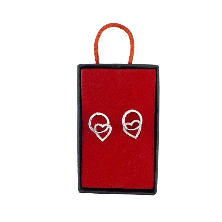 Cercei din Argint 925, Jolie Silver, pentru Dama, Model Model Cerc Cu Inimioara si Pietre, 2.60 g, Design Elegant si Romantic, Argintiu