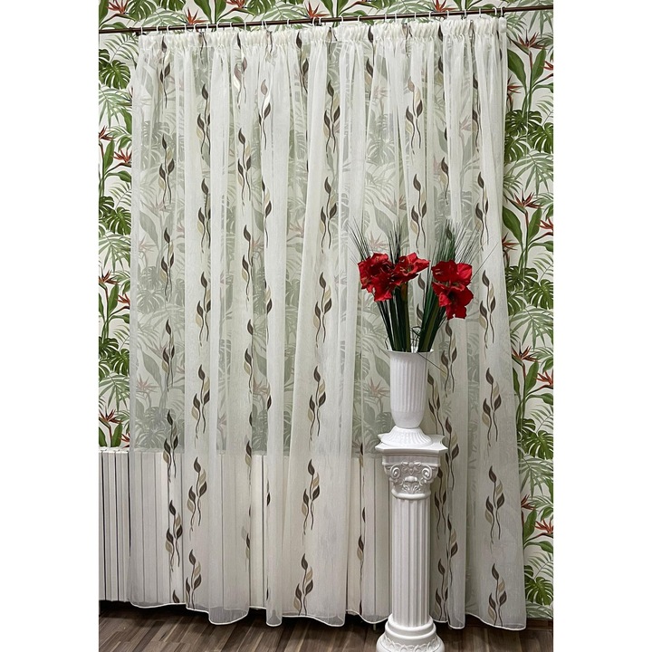 Perdea ivoire cu model maro din colectia Frunze de laur by Liz Line, cu rejansa, 400x245cm - PD0284