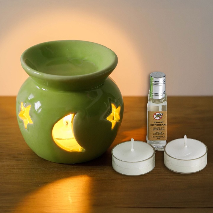 Set repelent olfactiv pentru insecte cu suport și ulei 10ml, 2 lumânări pastile