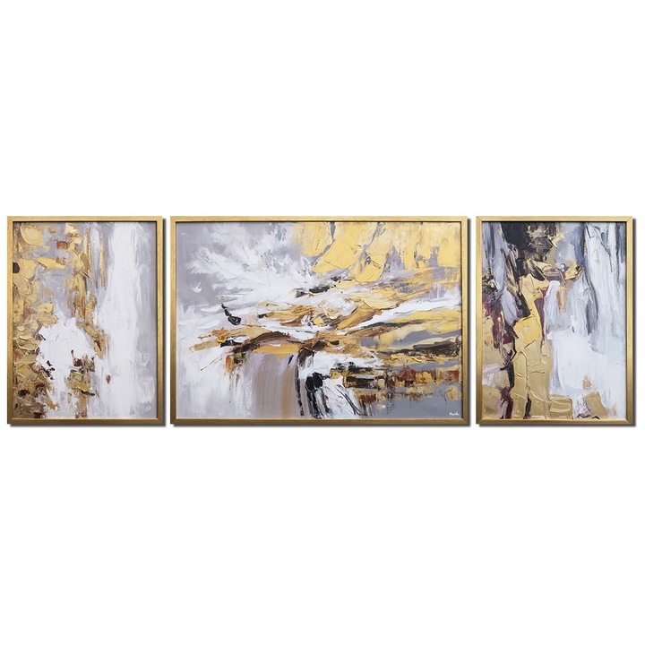 Tablou abstract cu auriu set 3 piese cu rama pictat manual, Imaginatie, 215x75cm ulei pe panza in relief