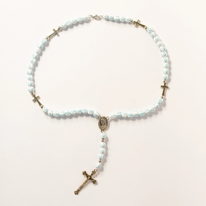 Rozariu cu margele albe cu semnul crucii si medalion Maica Domnului - Sprijin si Ajutor in Rugaciune