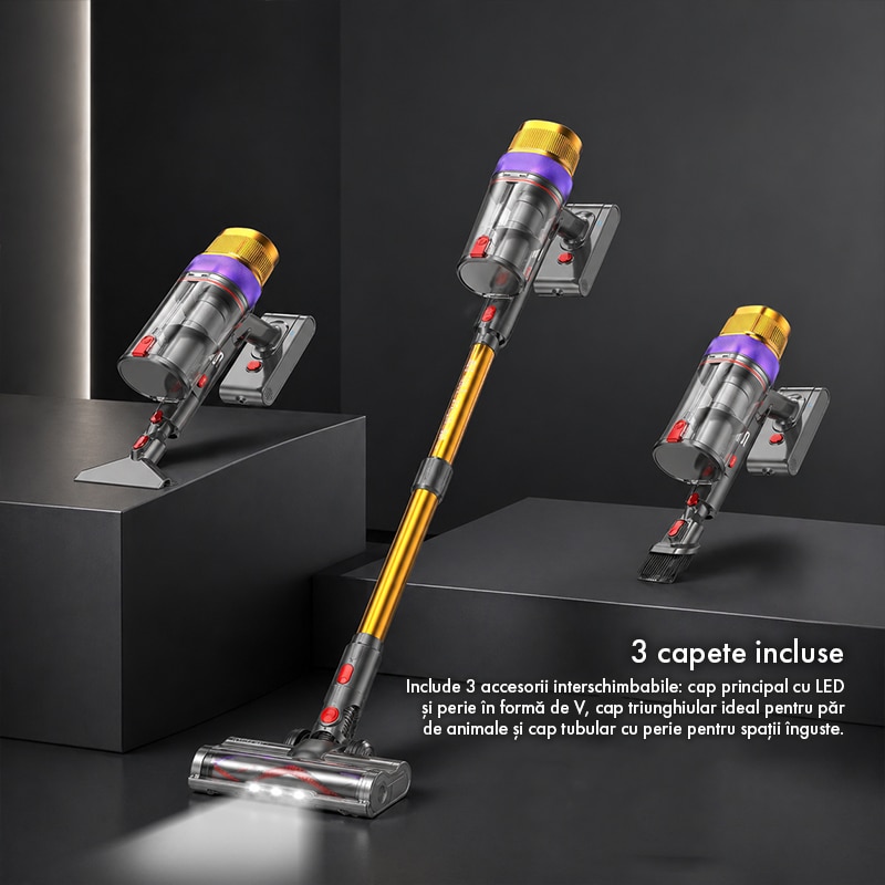 Aspirator Vertical fara Fir Techsen W1 NEO, 600W, 58KPa, Dublu Rezervor, Sistem de Filtrare in 8 Straturi HEPA, Design cu Ecran Dublu, Perie Anti Incurcare, Tub Extensibil, Afisaj LED, Lumina Perie Podea, Accesorii Multiple