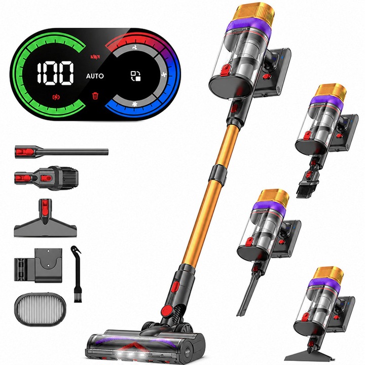 Aspirator Vertical fara Fir Techsen W1 NEO, 600W, 58KPa, Dublu Rezervor, Sistem de Filtrare in 8 Straturi HEPA, Design cu Ecran Dublu, Perie Anti Incurcare, Tub Extensibil, Afisaj LED, Lumina Perie Podea, Accesorii Multiple