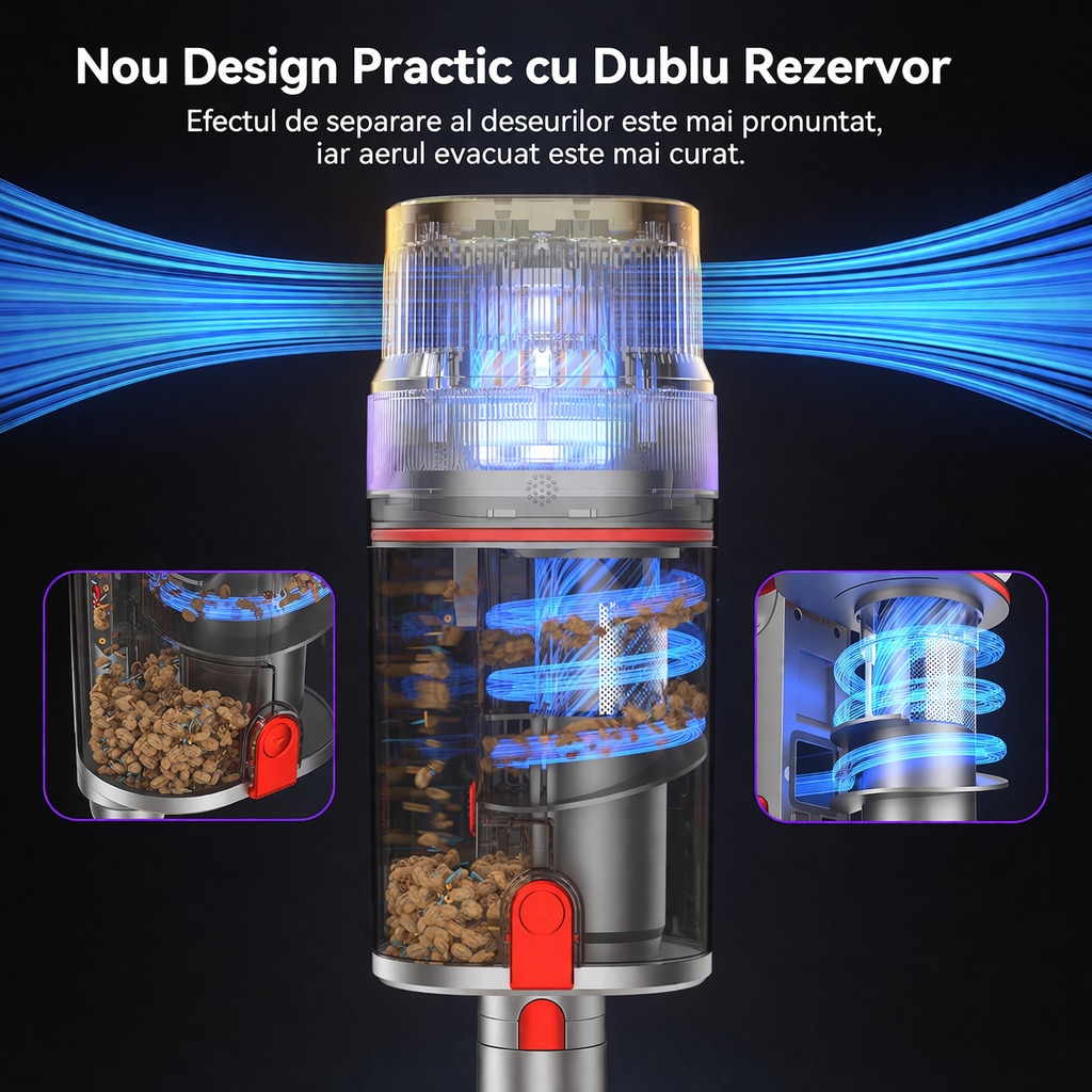 Aspirator Vertical fara Fir Techsen W1 NEO, 600W, 58KPa, Dublu Rezervor, Sistem de Filtrare in 8 Straturi HEPA, Design cu Ecran Dublu, Perie Anti Incurcare, Tub Extensibil, Afisaj LED, Lumina Perie Podea, Accesorii Multiple