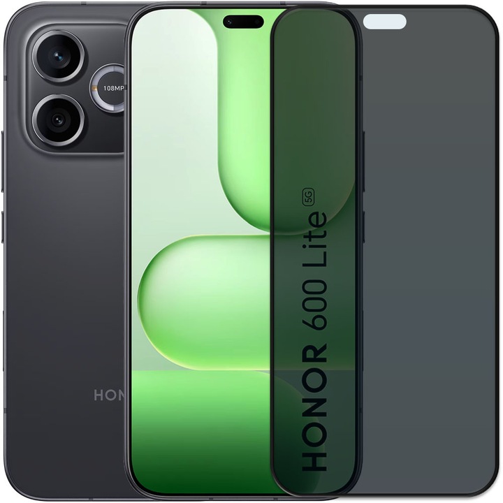 Folie din sticla securizata pentru Honor 600 Lite, HAMSTERBOX Privacy Shield, Protectie completa ecran, Full face, Aplicare rapida, Case Friendly, Negru