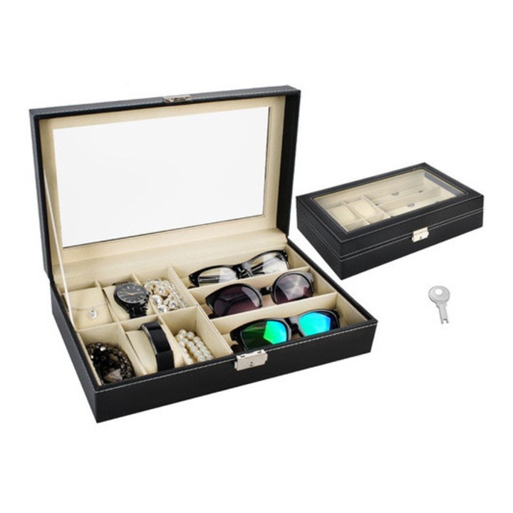 Organizator pentru ceasuri și ochelari Malatec, 3 compartimente pentru ceasuri, 3 compartimente pentru ochelari, negru, 33, 5x20, 5x8cm