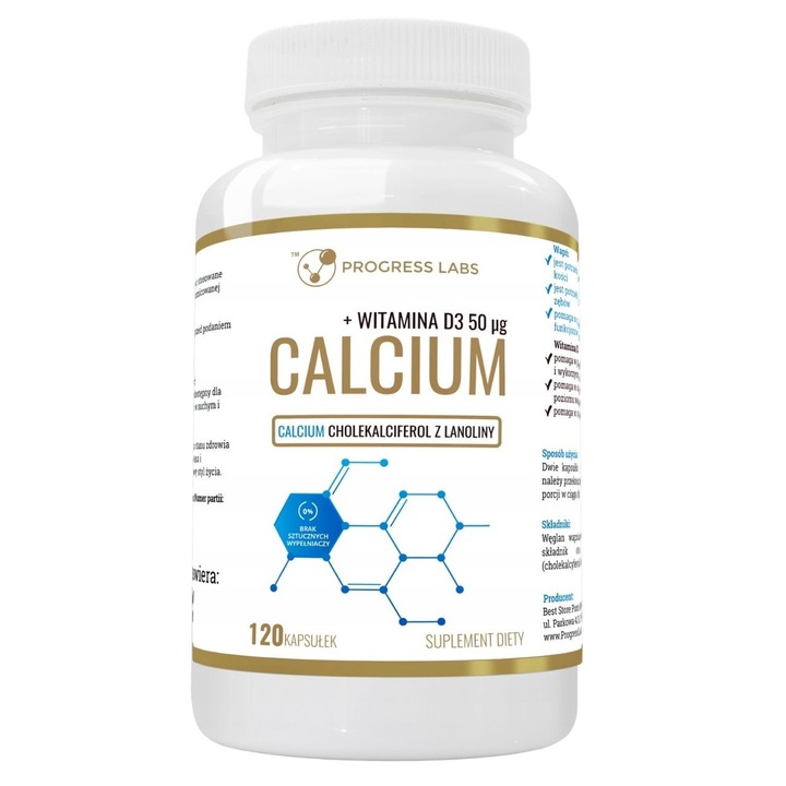 Progress Labs Carbonat de calciu 1000 mg + vitamina D3 2000 UI - 120 capsule