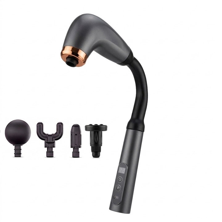 NEXTLY masszázskészülék, 4 cserélhető fej, 9 masszázsmód, 9 intenzitási fokozat, USB töltés, 33x23cm, szürke