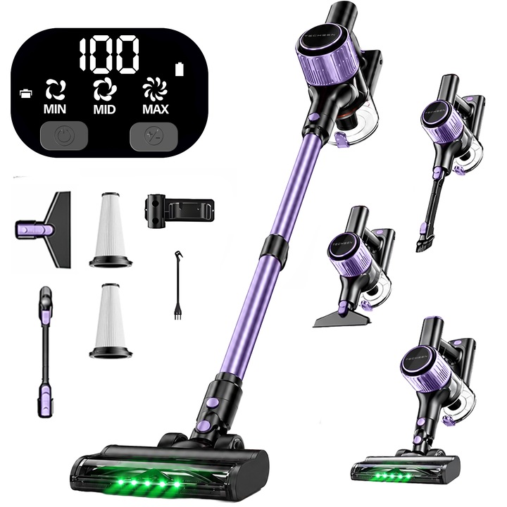 Aspirator Vertical fara Fir 10 In 1 Techsen W1 Nova, 3 Moduri de Aspirare Ajustabile, Afisaj LED Inteligent, Sistem de Filtrare Avansat HEPA, Furtun Flexibil Extra-Lung, 350W, Baterie Li-ion, Accesorii Multiple, Mov