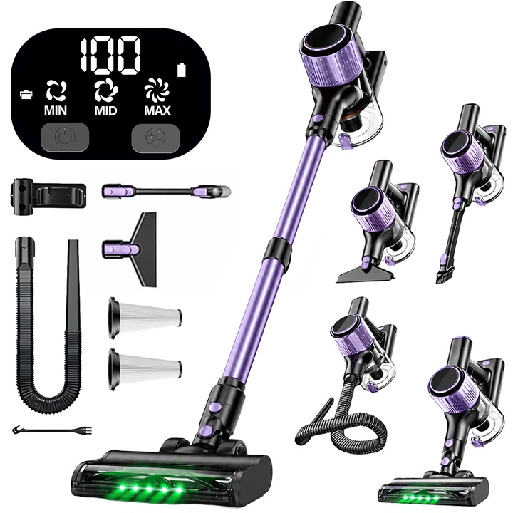 Aspirator Vertical fara Fir 10 In 1 Techsen W1 Nova, 3 Moduri de Aspirare Ajustabile, Afisaj LED Inteligent, Sistem de Filtrare Avansat HEPA, Furtun Flexibil Extra-Lung, 350W, Baterie Li-ion, Accesorii Multiple, Mov