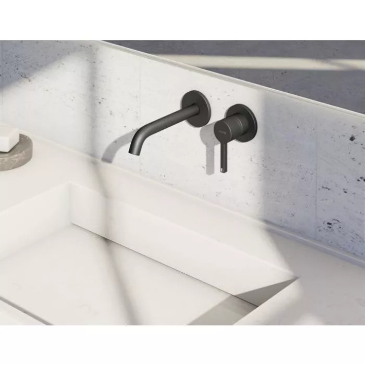 Baterie lavoar Kludi Nova Fonte, pe perete, 220 mm, necesita valva, mat, negru, 202453915