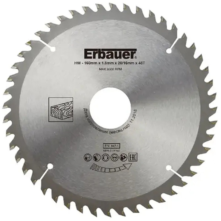 Disc debitare lemn ERBAUER 100691392, 16 x 2 cm, 48 dinti, bucsa 16/20