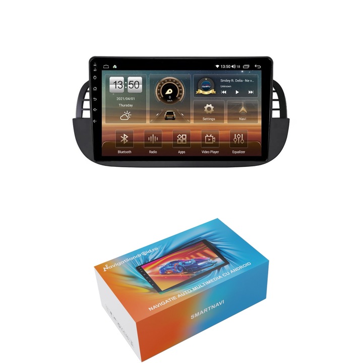 Navigatie SmartNavi cu Android Fiat 500 2007 - 2015, negru, 4GB RAM, Radio GPS Dual Zone, Display HD QLED 9", Carplay si Android Auto, Wi-Fi si slot SIM 4G, Bluetooth, MirrorLink, USB